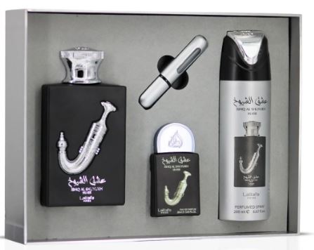 Lattafa Ishq Al Shuyukh Silver 3.4oz Edp + 20ml Edp + 200ml body spray + decant