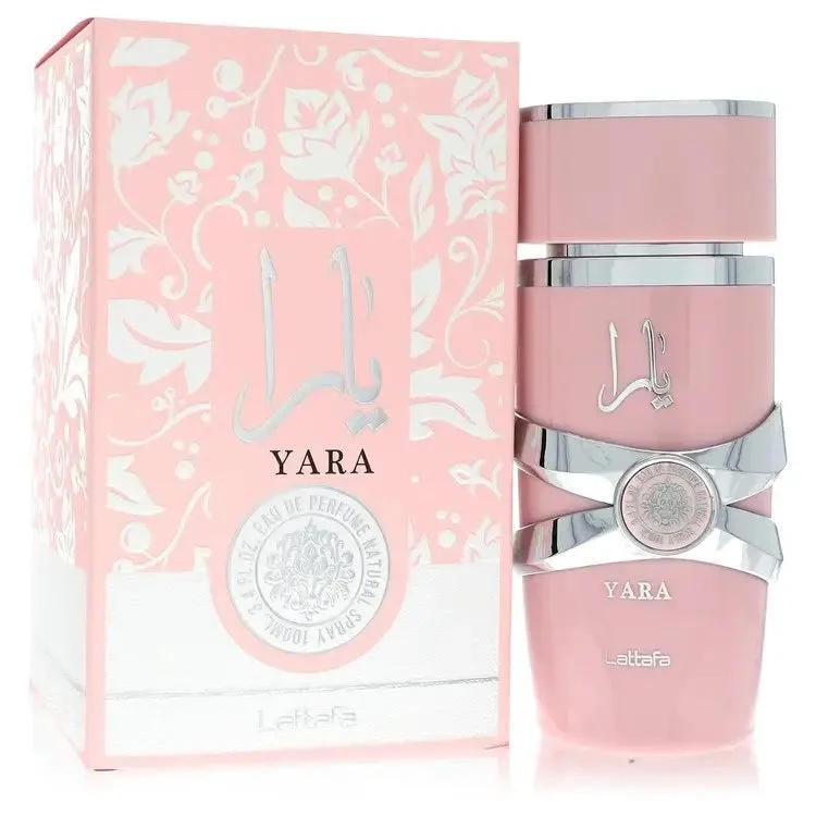 Pink bottle and box of Lattafa Yara 3.4 oz Eau de Parfum