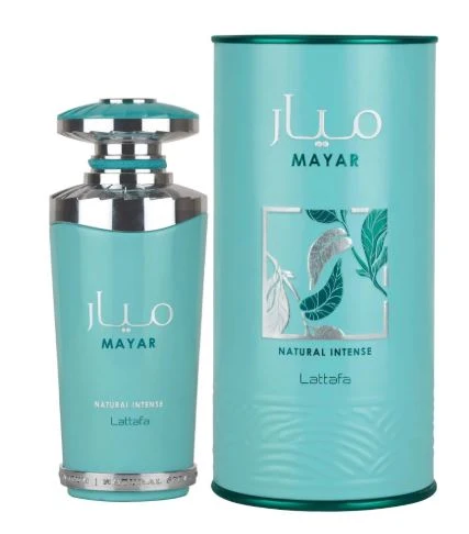 Lattafa Mayar Natural Intense 3.4 oz Eau de Parfum bottle and turquoise packaging