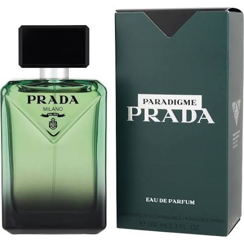 Prada Paradigme Eau de Parfum 3.4 oz green bottle and dark green box