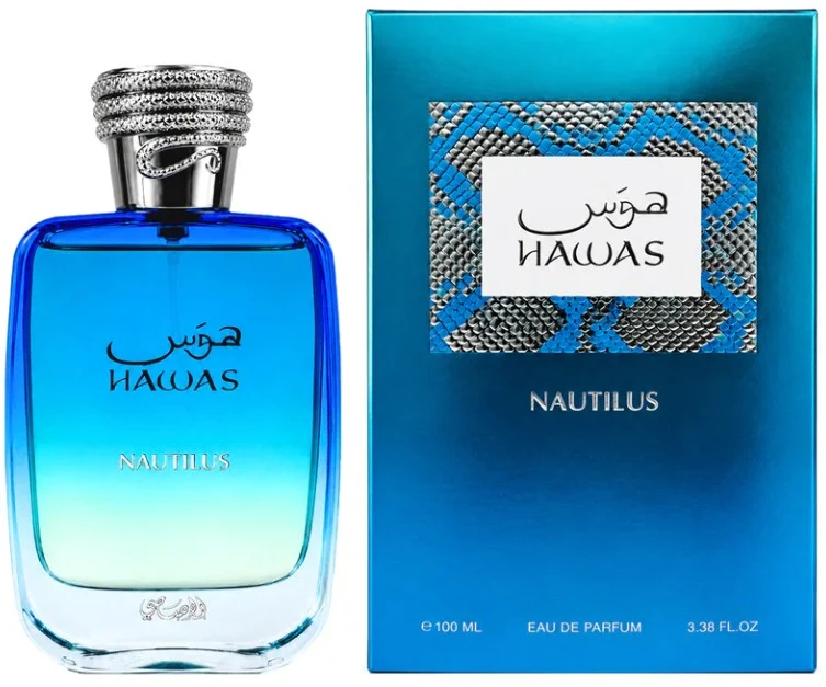 Hawas Nautilus 3.4 oz Eau de Parfum bottle and box by Rasasi