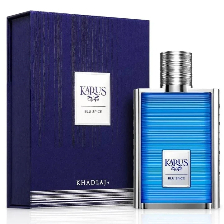 Khadlaj Karus Blu Spice blue bottle with silver cap beside dark blue box
