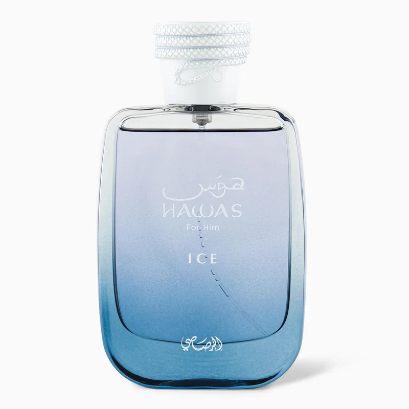 Hawas Ice 3.4 oz Eau de Parfum by Rasasi in a blue gradient bottle