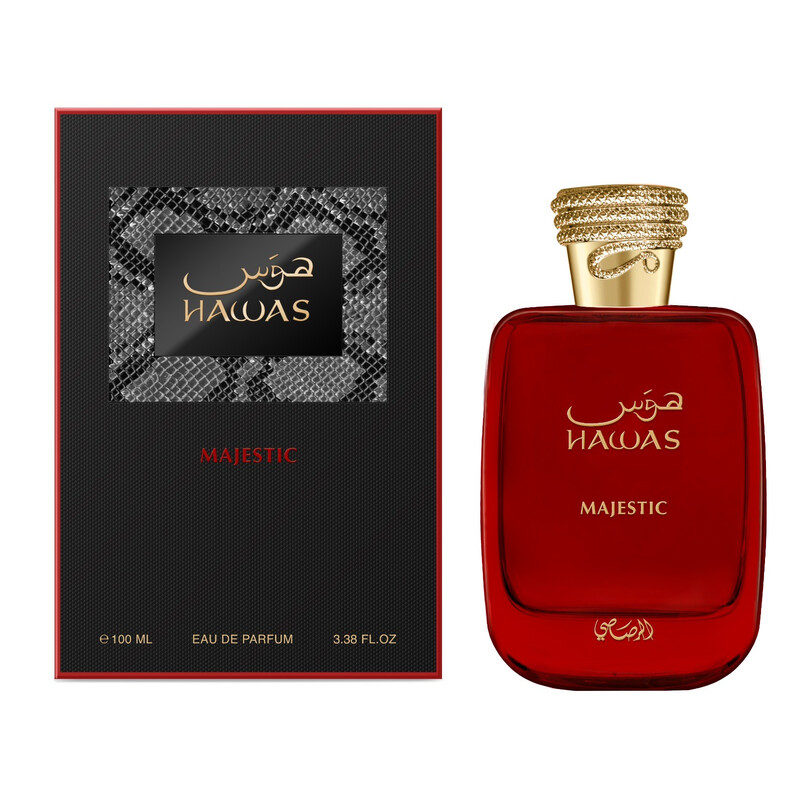 Hawas Majestic 3.4 oz Eau de Parfum by Rasasi with red bottle and black presentation box
