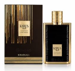 Khadlaj Karus Gold Absolu black and gold perfume bottle beside matching box