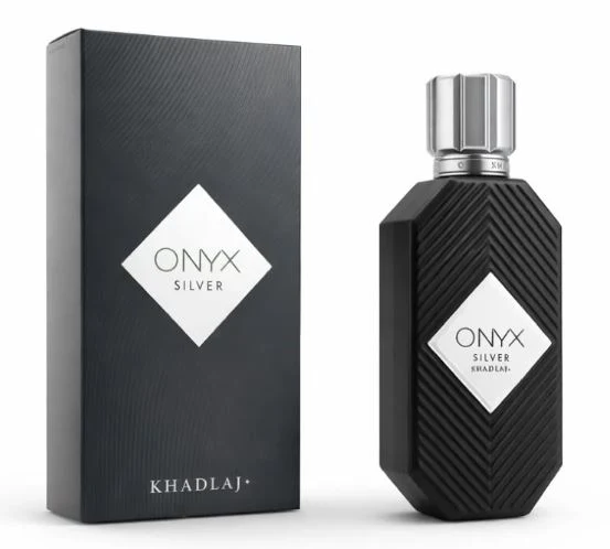 Khadlaj Onyx Silver black perfume bottle with silver cap beside matching black box