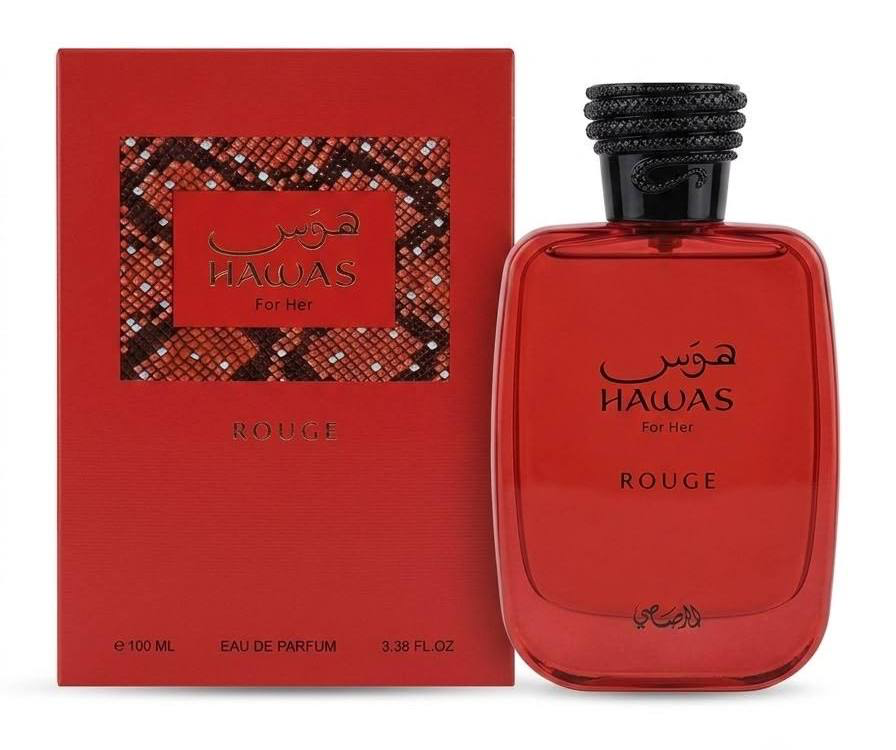 Hawas Rouge 3.4 oz Eau de Parfum by Rasasi with red bottle and presentation box