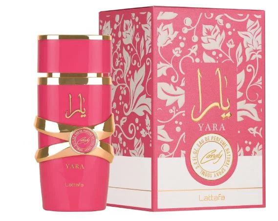 Pink Lattafa Yara Candy 3.4 oz Eau de Parfum bottle and box