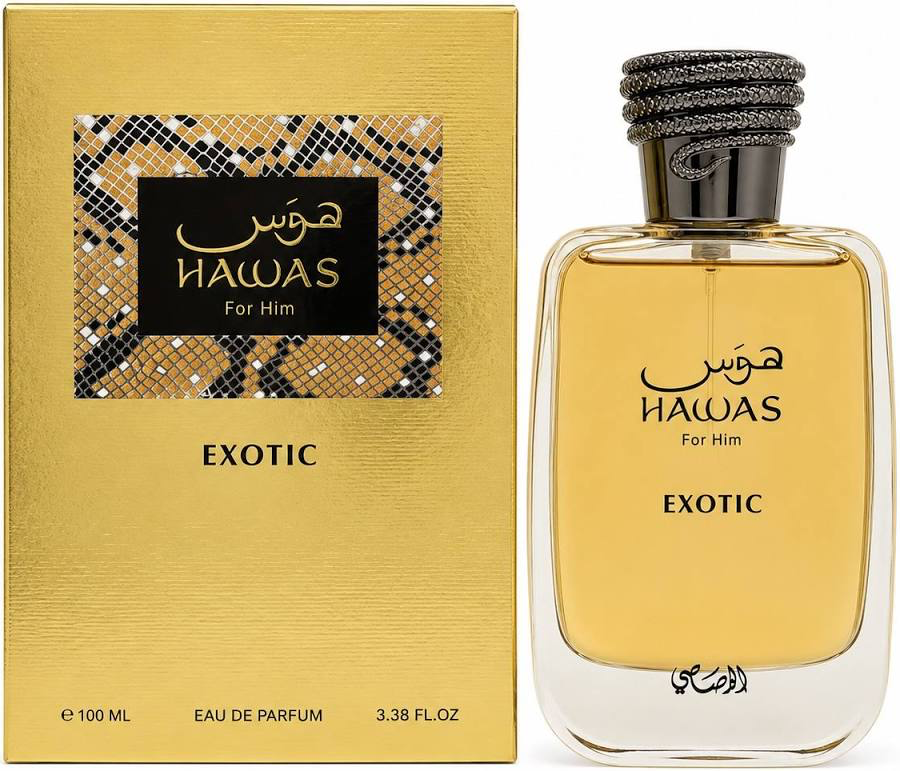 Hawas Exotic For Him 3.4 oz Eau de Parfum bottle and gold box by Rasasi