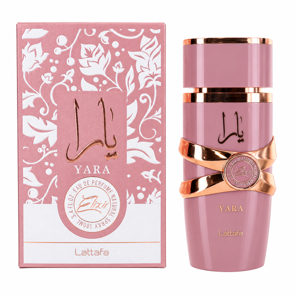 Lattafa Yara Elixir Eau de Parfum bottle and box centered on a white background