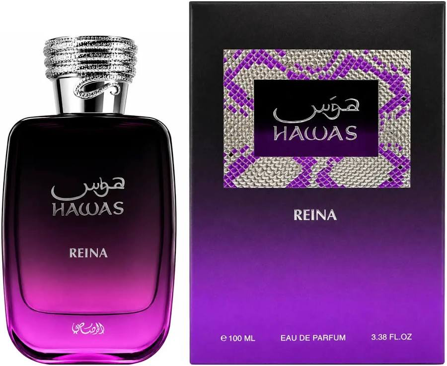 Hawas Reina 3.4 oz Eau de Parfum by Rasasi with purple gradient bottle and presentation box