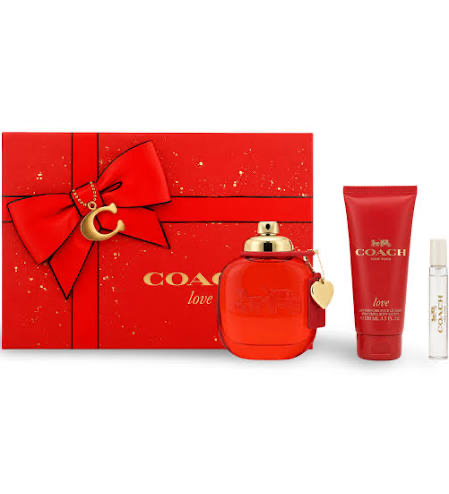 Coach Love gift set with red perfume bottle, lotion, mini and red box
