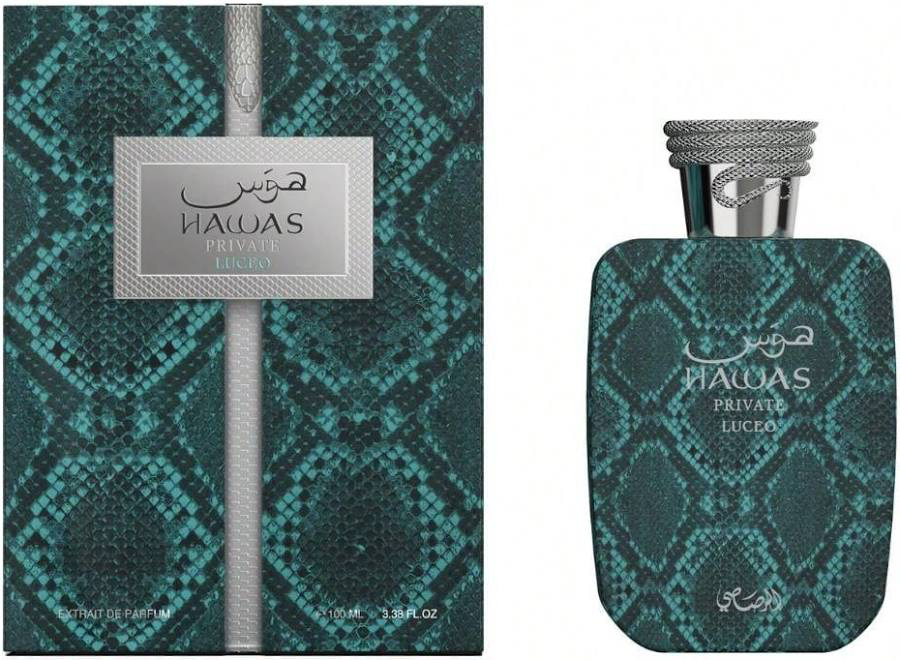 Hawas Private Luceo 3.4 oz Extrait de Parfum teal snakeskin bottle and box by Rasasi