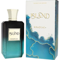 Khadlaj Island black and turquoise perfume bottle beside white and blue box