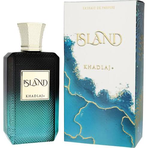 Khadlaj Island black and turquoise perfume bottle beside white and blue box