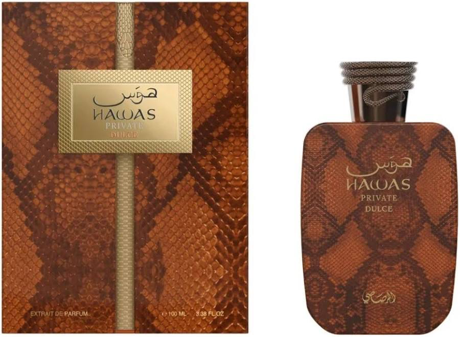 Hawas Private Dulce 3.4 oz Extrait de Parfum snakeskin bottle and box by Rasasi