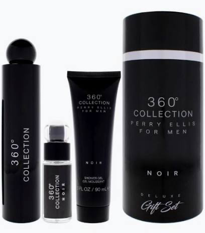 Perry Ellis 360 Black for Men three-piece fragrance gift set in black can packaging