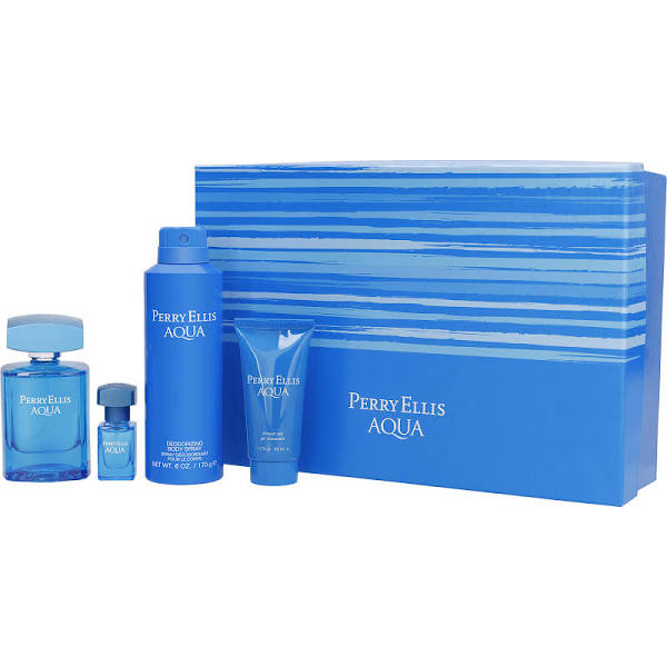 Perry Ellis Aqua men's gift set with blue packaging and fragrance products