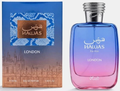 Hawas London 3.4 oz Eau de Parfum by Rasasi with blue and pink gradient bottle and presentation box