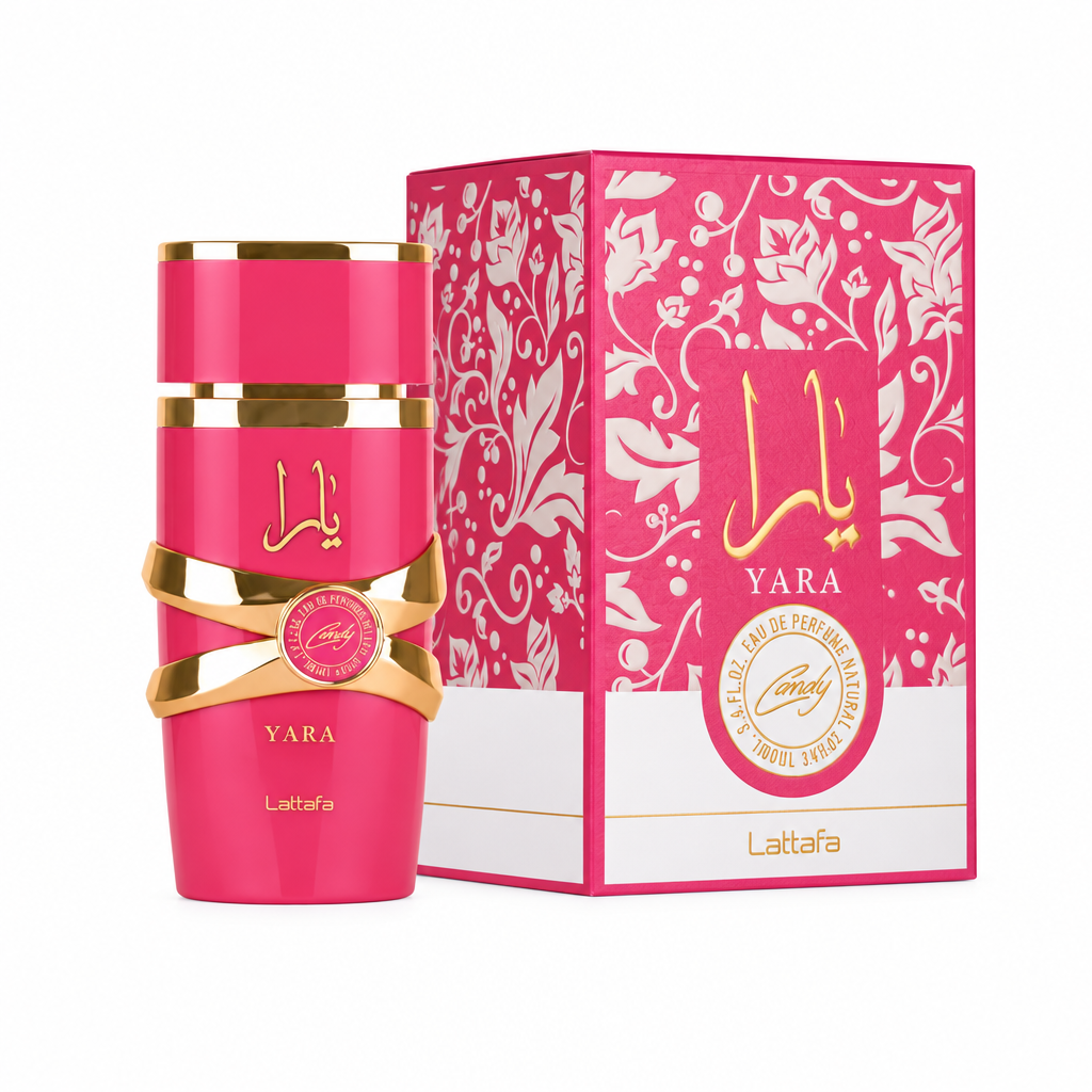 Pink Lattafa Yara Candy 3.4 oz Eau de Parfum bottle and box on a white background