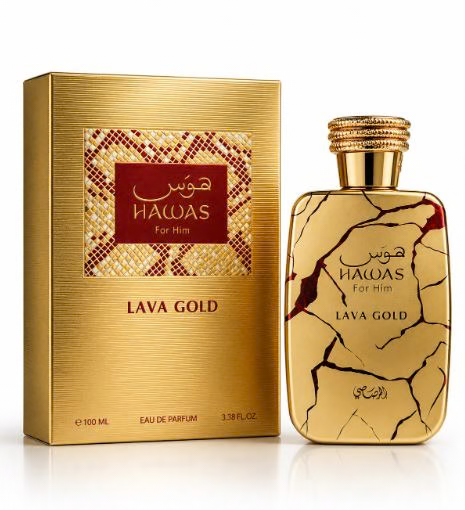 Hawas Lava Gold For Him 3.4 oz Eau de Parfum bottle and gold box by Rasasi