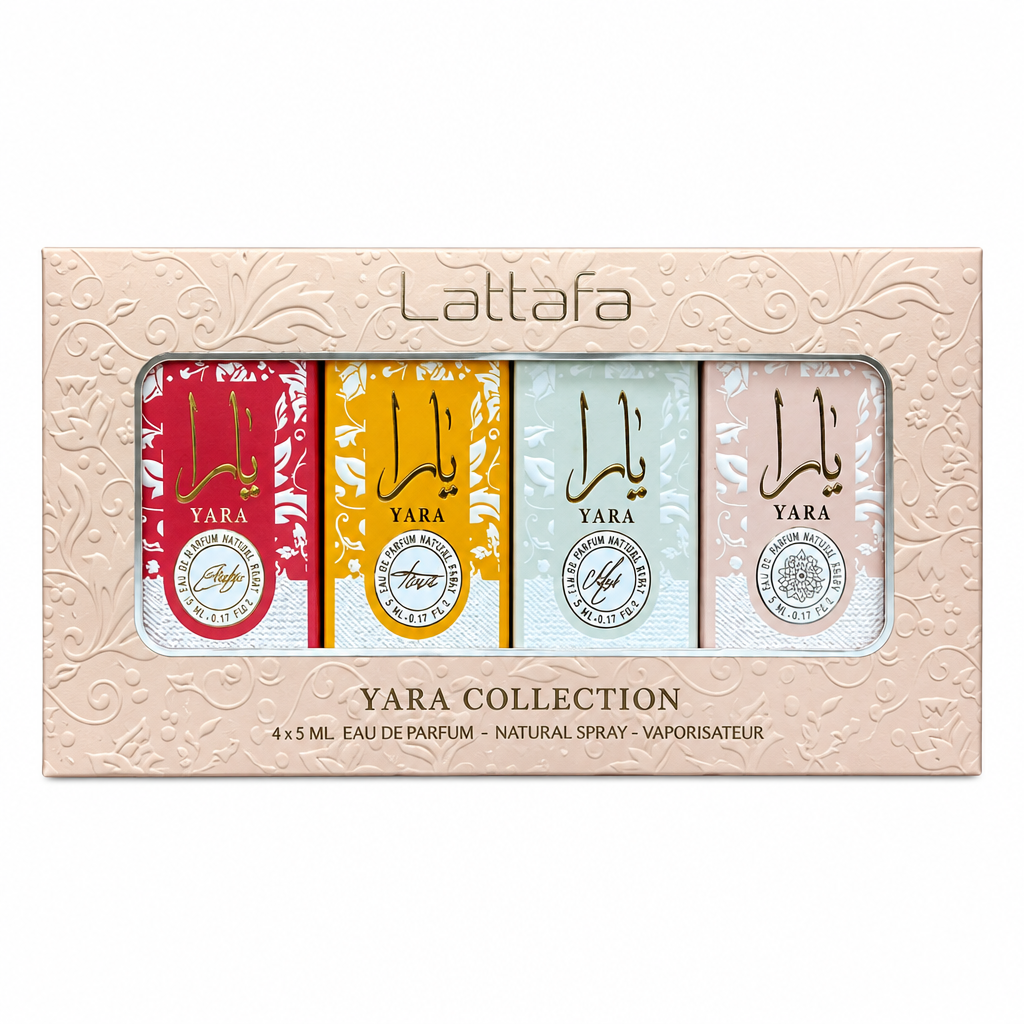 Lattafa Yara Collection gift box with four 5 ml Eau de Parfum mini sprays on a white background