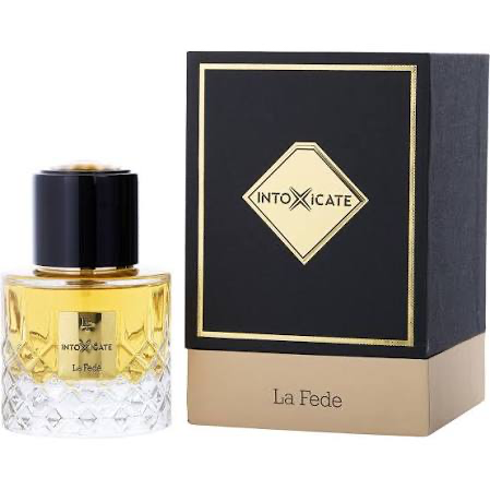 La Fede Intoxicate perfume bottle with black cap beside black and gold box