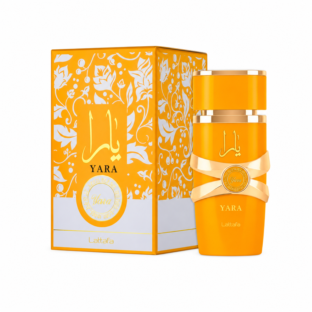 Orange Lattafa Yara Tous Eau de Parfum bottle and box centered on a white background