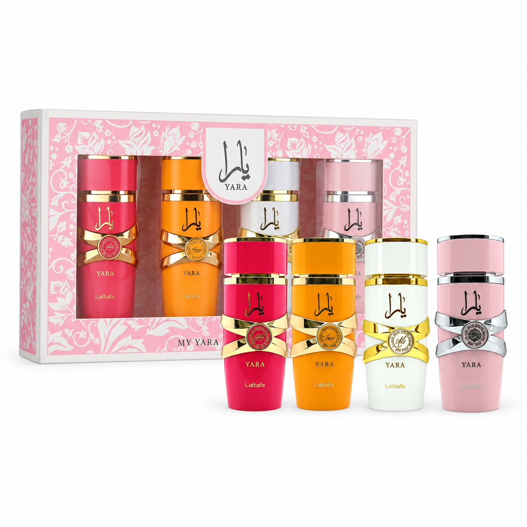 My Yara Collection with four 25 ml Lattafa perfume sprays and presentation box centered on white