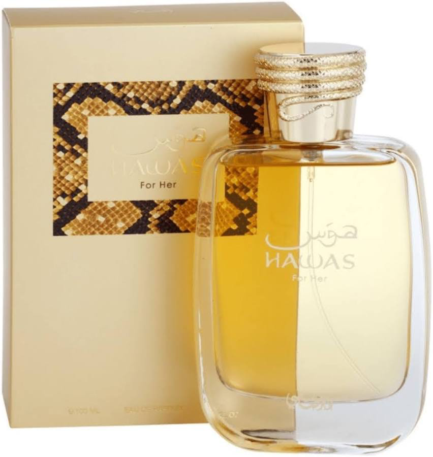Rasasi Hawas For Her 3.4 oz eau de parfum bottle with gold snakeskin box