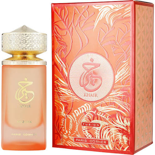 Paris Corner Khair Fusion Eau de Parfum 3.4 oz peach-colored bottle and coral box
