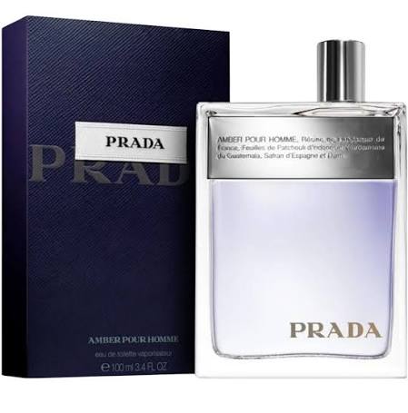Prada Amber Pour Homme Eau de Toilette 3.4 oz bottle and dark blue box