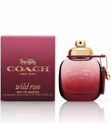 Coach Wild Rose pink perfume bottle and burgundy box