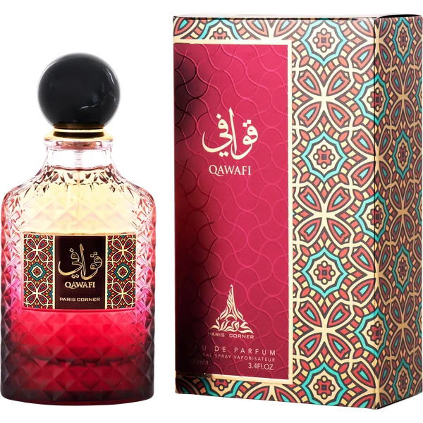 Paris Corner Qawafi Eau de Parfum 3.4 oz bottle and patterned box