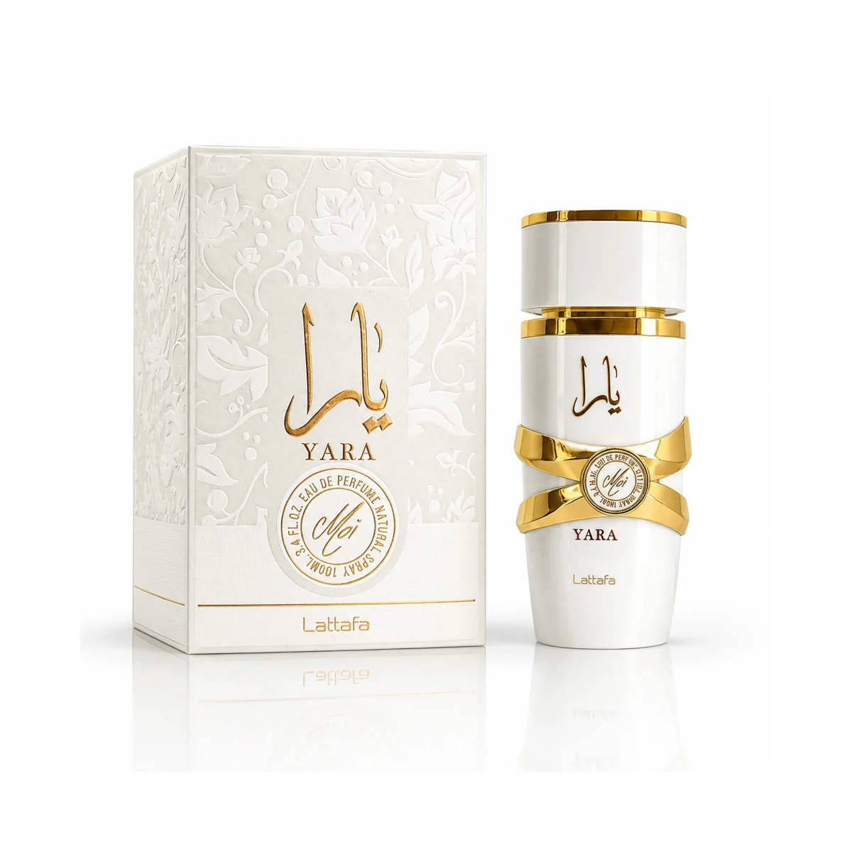 White and gold Lattafa Yara Moi 3.4 oz Eau de Parfum bottle and box