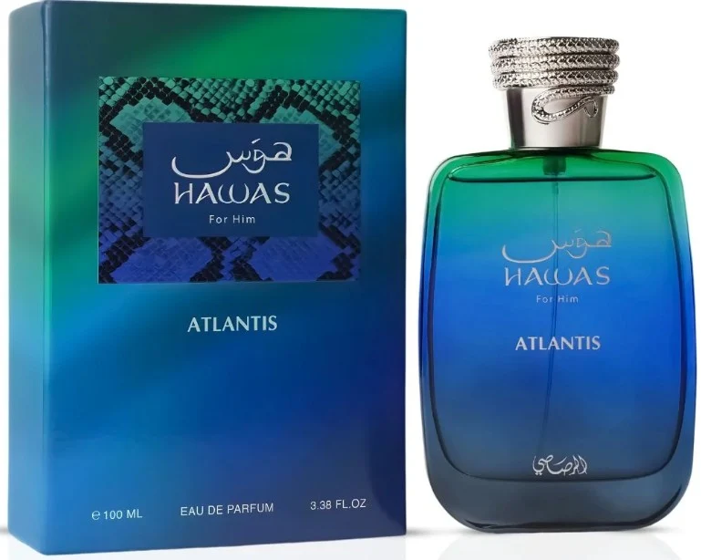 Hawas Atlantis 3.4 oz Eau de Parfum by Rasasi with blue-green bottle and presentation box