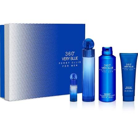 Perry Ellis 360 Very Blue for Men four-piece fragrance gift set in blue packaging