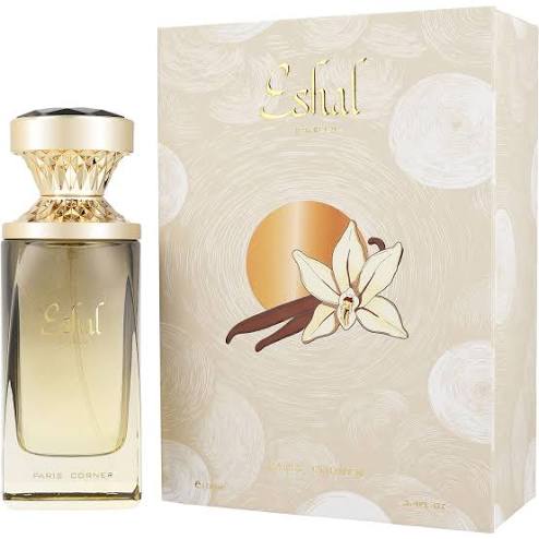 Paris Corner Eshal Vanilla Eau de Parfum 3.4 oz cream and gold bottle and vanilla-flower box