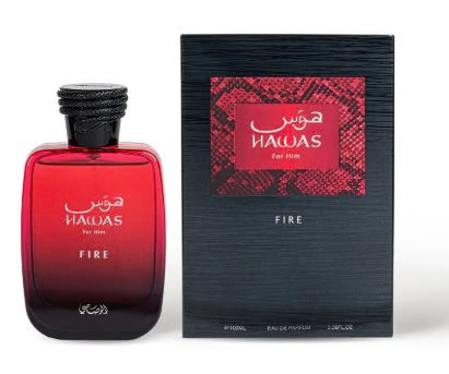 Hawas Fire 3.4 oz Eau de Parfum by Rasasi with red and black bottle and presentation box