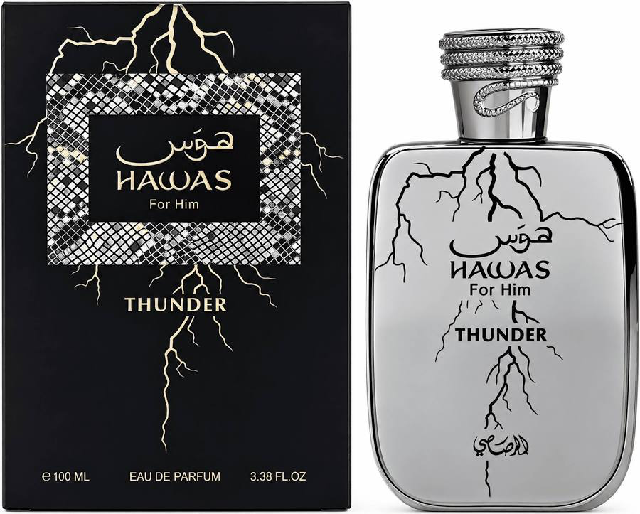 Hawas Thunder 3.4 oz Eau de Parfum by Rasasi with silver bottle and black presentation box