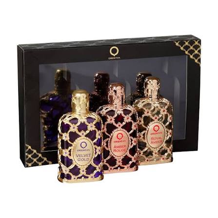 Orientica trio set with Velvet Gold, Amber Rouge, and Royal Amber 30ml bottles