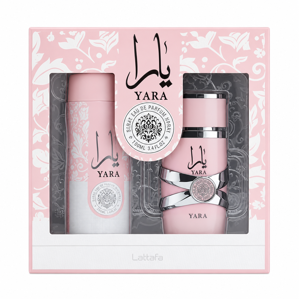 Lattafa Yara 3.4 oz Eau de Parfum and 200 ml perfumed body spray set centered on a white background