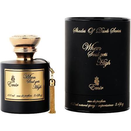 Paris Corner Emir When Soul Gets High Eau de Parfum 3.4 oz black bottle and Shades of Dark box