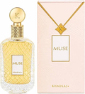 Khadlaj Muse perfume bottle with gold cap beside pale pink box
