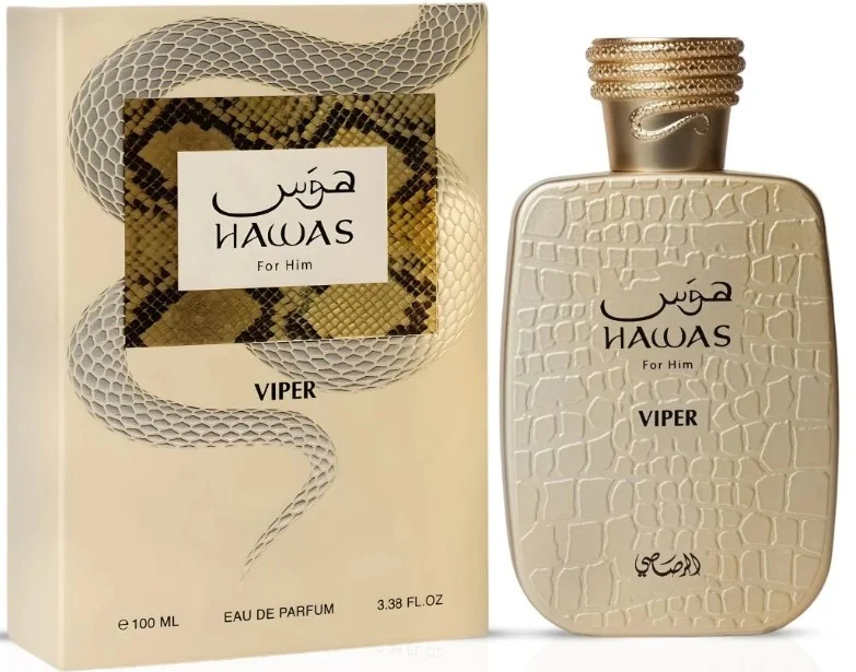 Hawas Viper 3.4 oz Eau de Parfum by Rasasi with gold bottle and presentation box