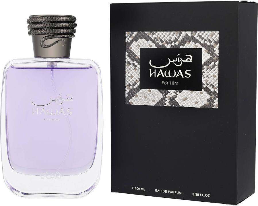 Hawas For Him 3.4 oz Eau de Parfum bottle and black snakeskin box by Rasasi