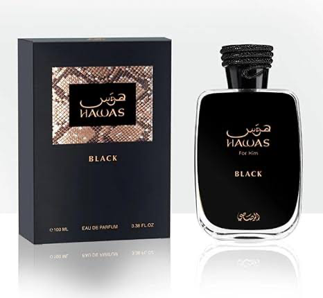 Hawas Black 3.4 oz Eau de Parfum by Rasasi with black bottle and presentation box