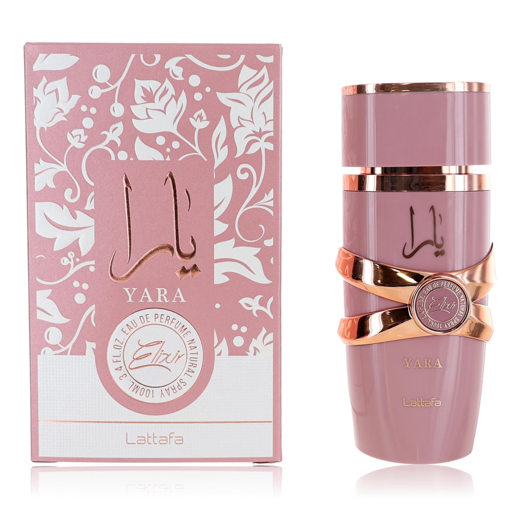 Rose-toned Lattafa Yara Elixir 3.4 oz Eau de Parfum bottle and box