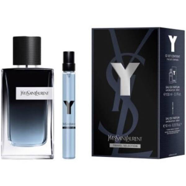 Yves Saint Laurent Y Eau de Parfum full-size bottle, travel spray, and gift box