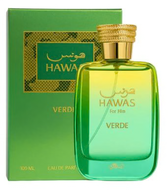 Hawas Verde 3.4 oz Eau de Parfum by Rasasi with green bottle and presentation box